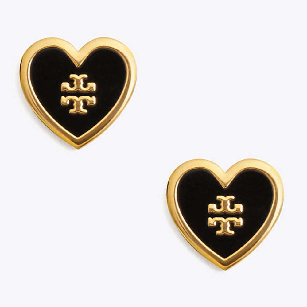 Tory Burch black heart lacquered logo earrings